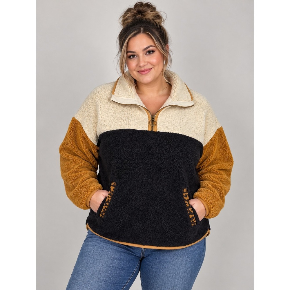 Time and Tru Women's L Colorblock Sherpa Pullover Jacket 1/4 Zip Pockets